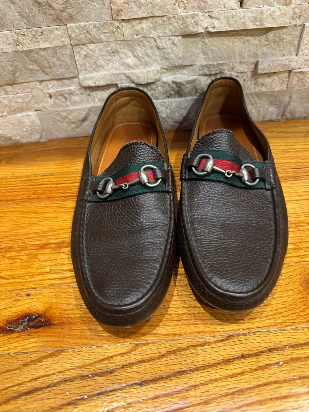 Gucci Brown Leather Horsebit Loafers with Green and Red Web